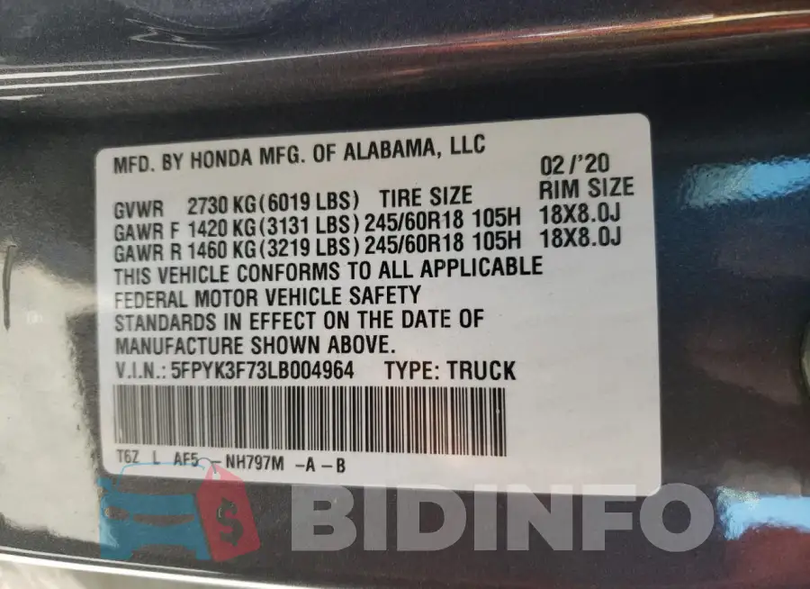 5FPYK3F73LB004964 Photo# 13