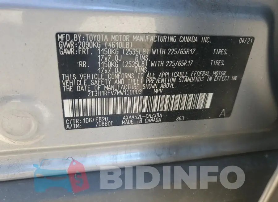 2T3H1RFV7MW150003 Photo# 14