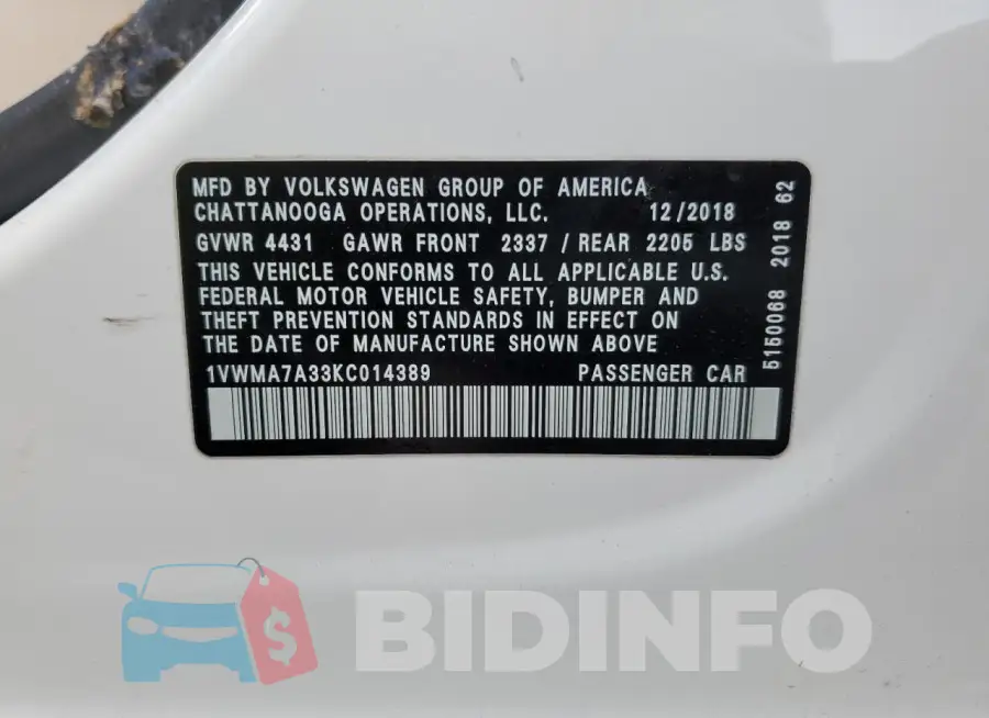1VWMA7A33KC014389 Photo# 12