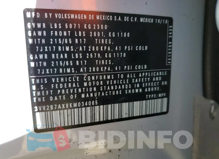 3VV2B7AX8KM034065 Photo# 13