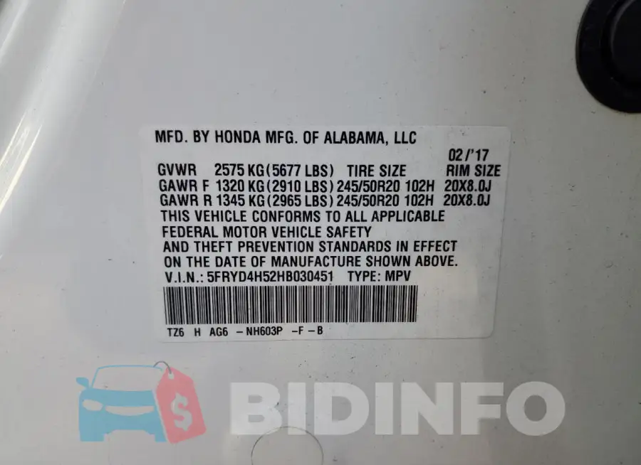 5FRYD4H52HB030451 Photo# 13