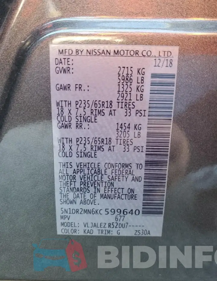 5N1DR2MN6KC599640 Photo# 13