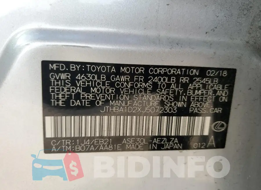 JTHBA1D2XJ5072303 Photo# 13