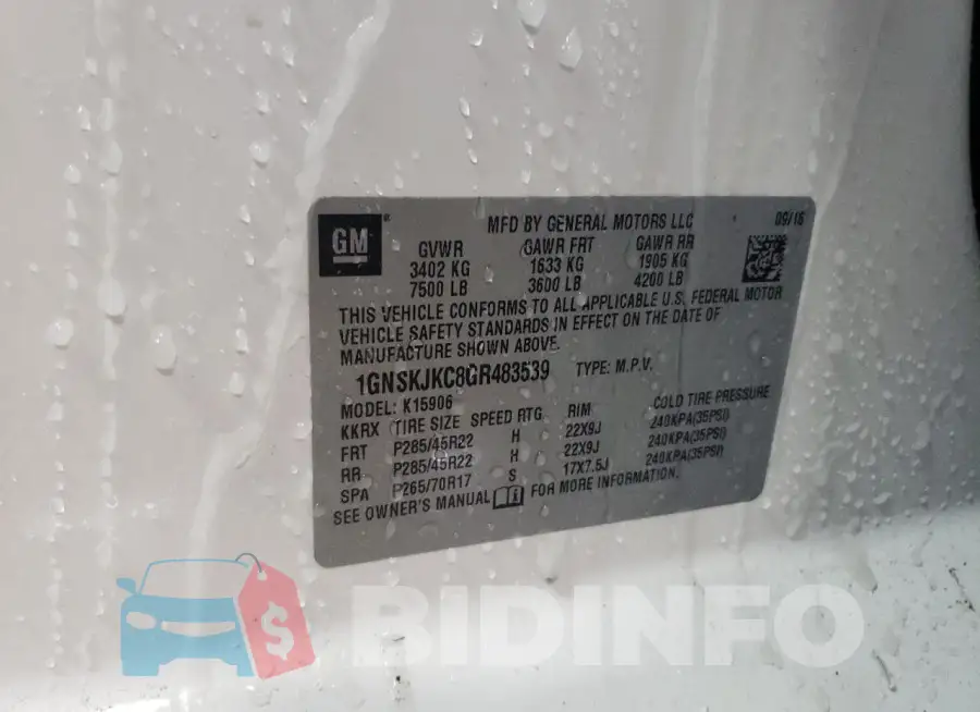 1GNSKJKC8GR483539 Photo# 14