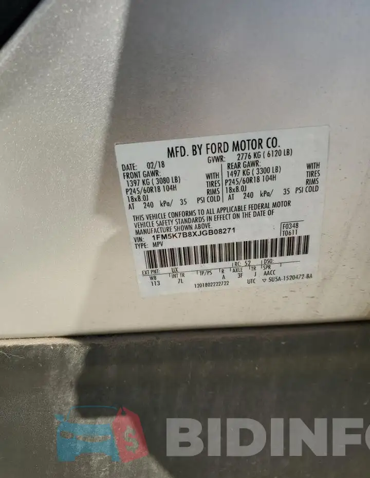1FM5K7B8XJGB08271 Photo# 13