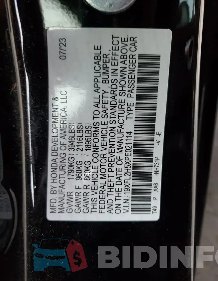 19XFL2H5XPE021114 Photo# 13