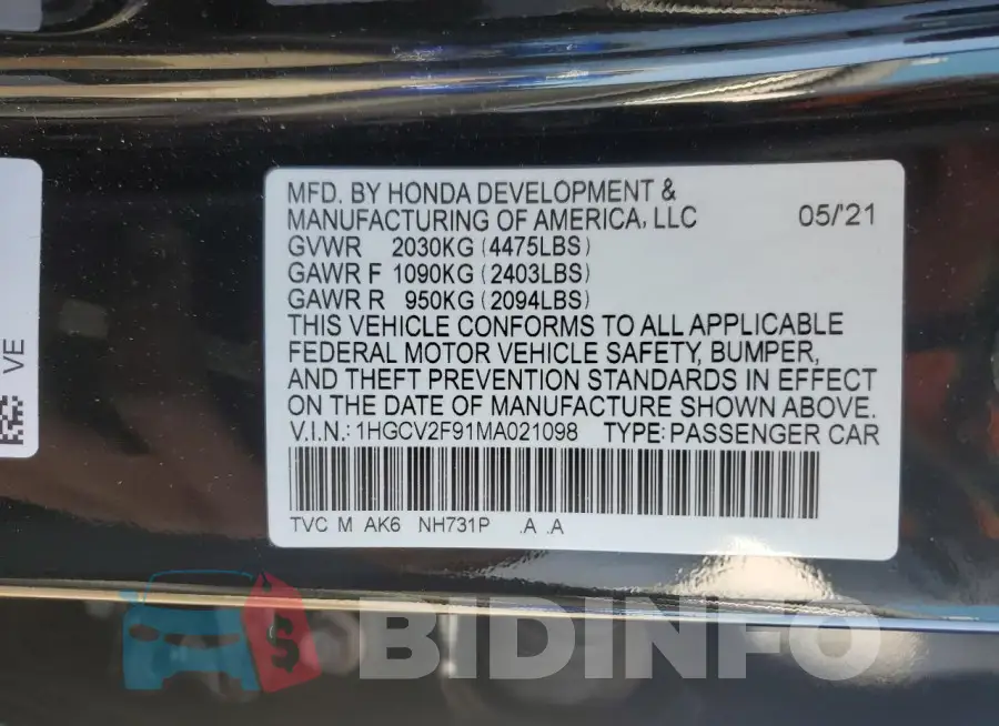 1HGCV2F91MA021098 Photo# 12
