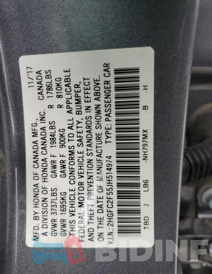 2HGFC2F55JH514974 Photo# 12