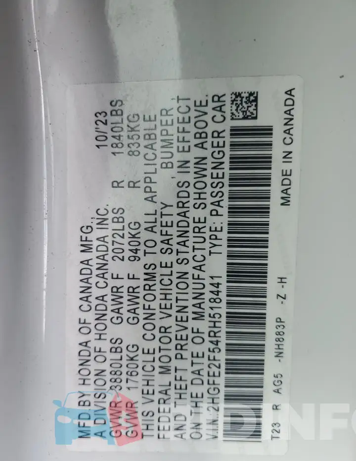2HGFE2F54RH518441 Photo# 12