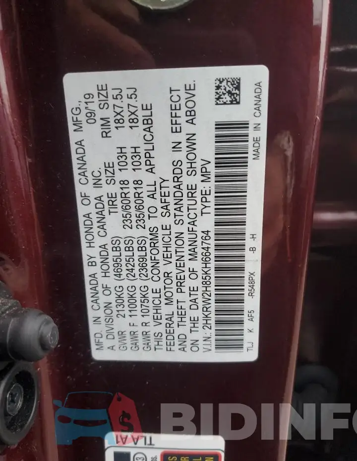 2HKRW2H85KH664764 Photo# 13