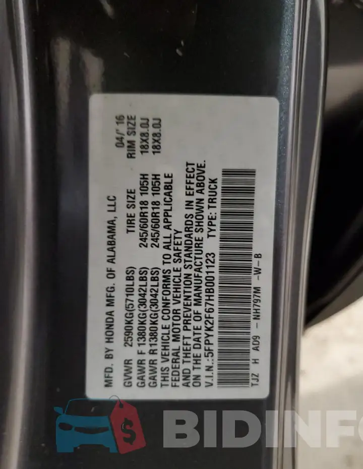 5FPYK2F67HB001123 Photo# 12