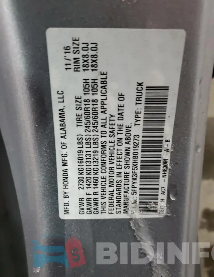 5FPYK3F5XHB019273 Photo# 12