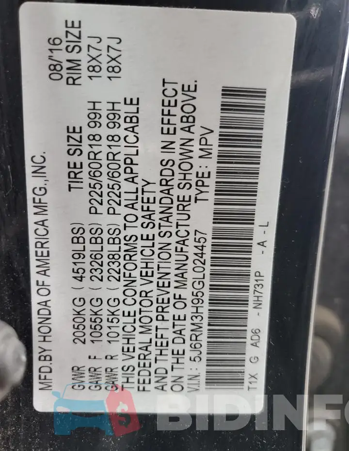 5J6RM3H95GL024457 Photo# 13