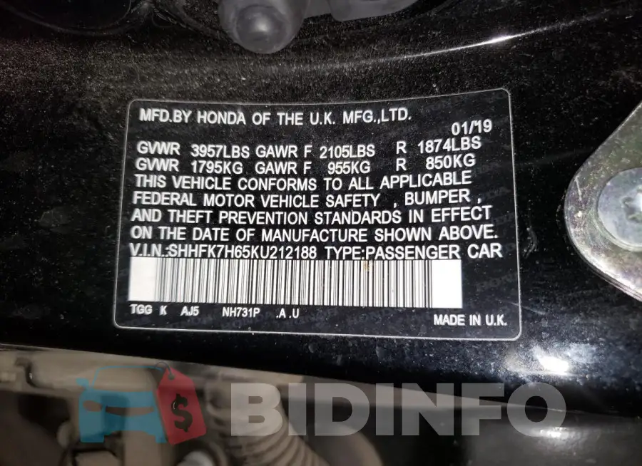 SHHFK7H65KU212188 Photo# 12