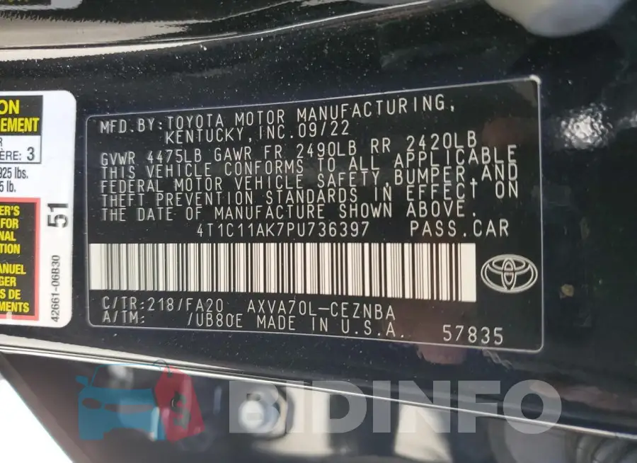 4T1C11AK7PU736397 Photo# 12