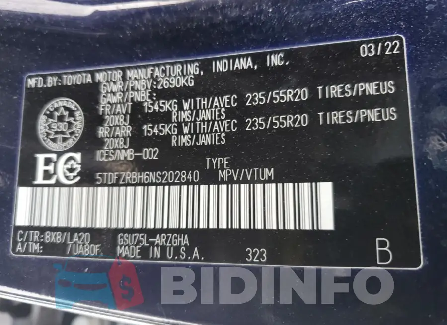 5TDFZRBH6NS202840 Photo# 14