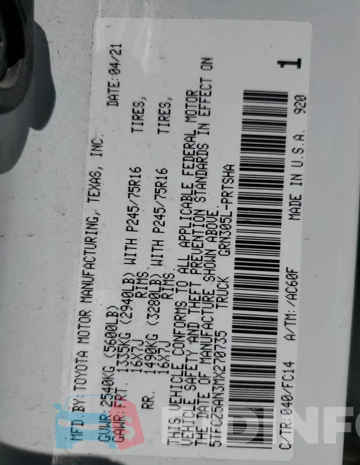 5TFCZ5AN3MX270735 Photo# 13