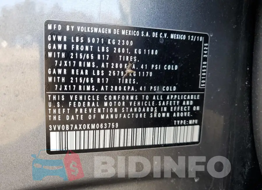 3VV0B7AX0KM063759 Photo# 13