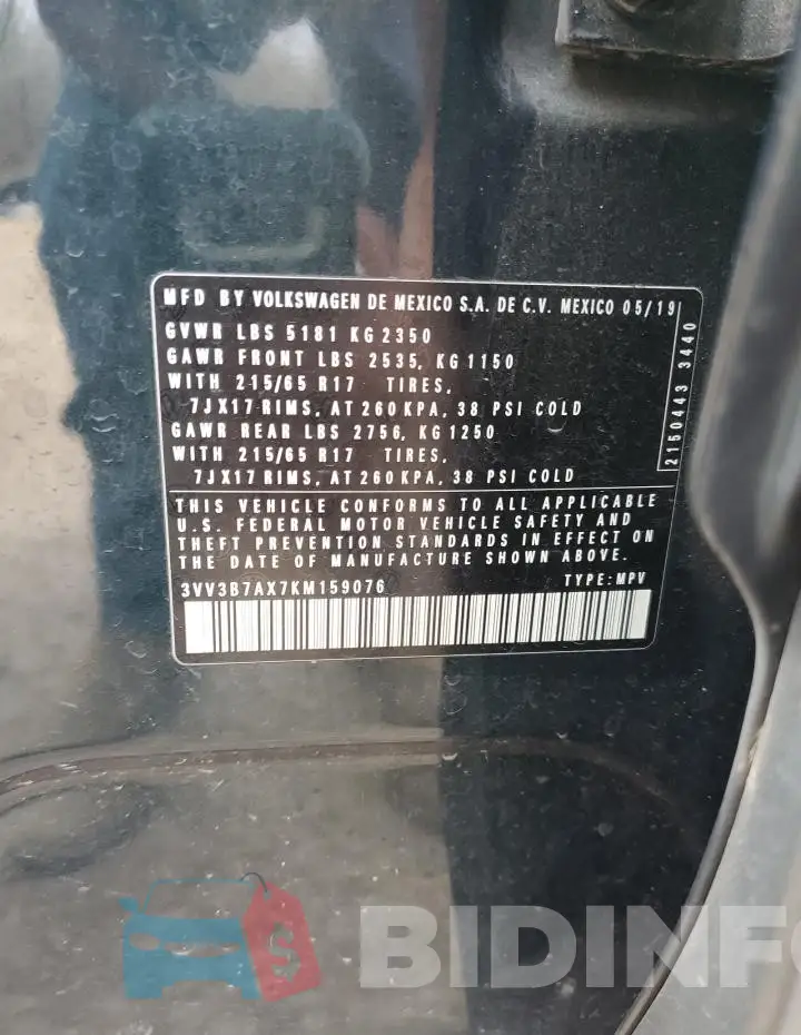 3VV3B7AX7KM159076 Photo# 13