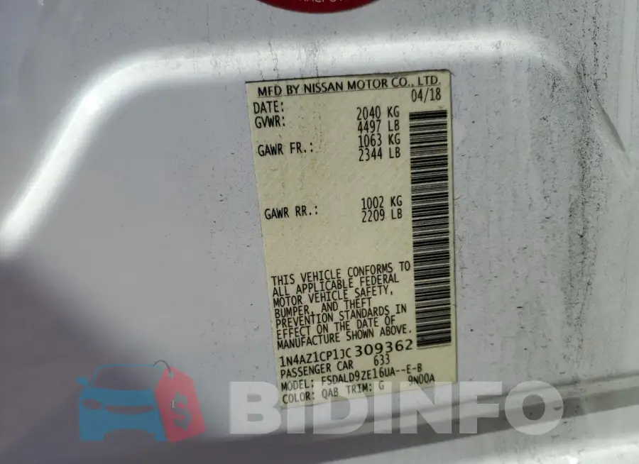 1N4AZ1CP1JC309362 Photo# 12