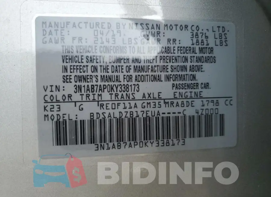 3N1AB7AP0KY338173 Photo# 12