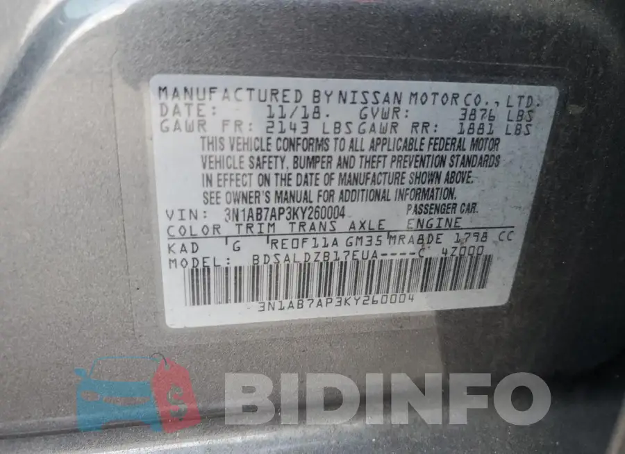 3N1AB7AP3KY260004 Photo# 12