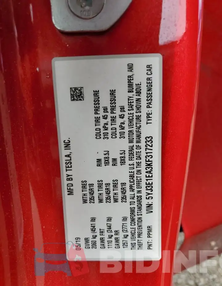 5YJ3E1EA3KF317233 Photo# 13