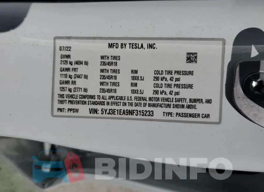 5YJ3E1EA9NF315233 Photo# 12