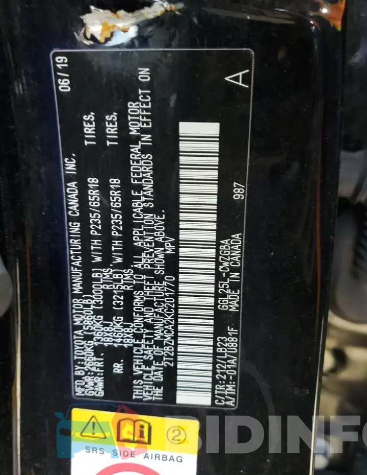 2T2BZMCA2KC201770 Photo# 13