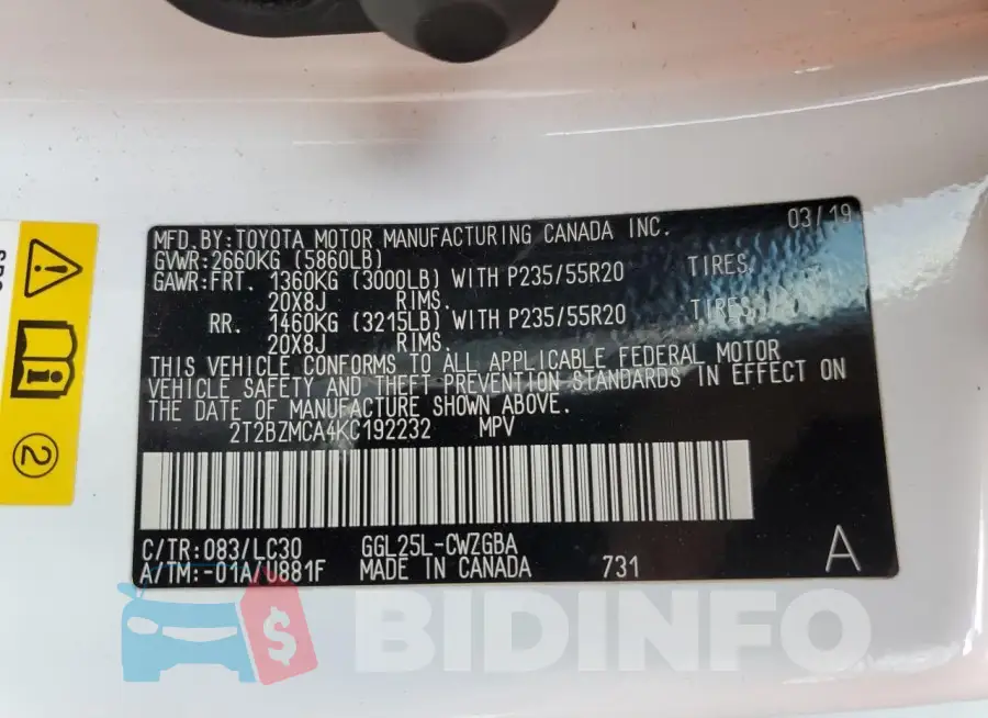 2T2BZMCA4KC192232 Photo# 12