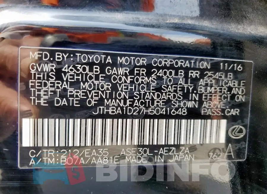 JTHBA1D27H5041648 Photo# 12