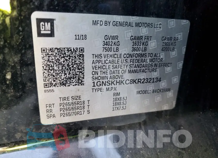 1GNSKHKC8KR232134 Photo# 13