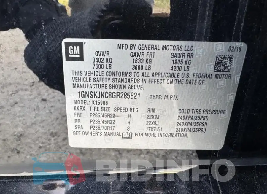 1GNSKJKC8GR285821 Photo# 10
