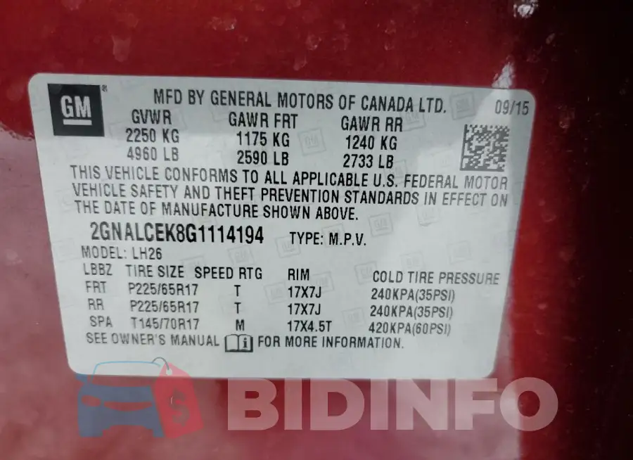 2GNALCEK8G1114194 Photo# 13