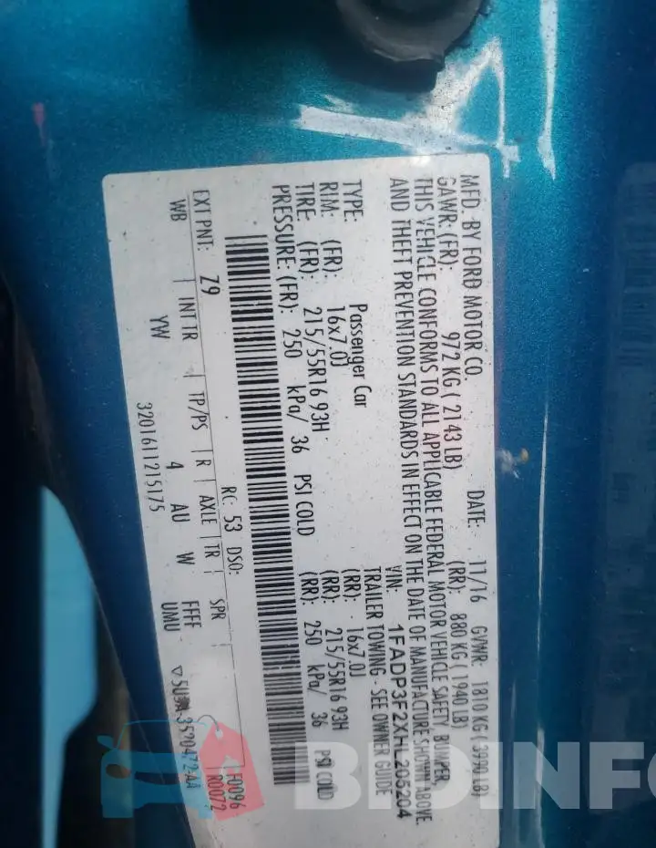 1FADP3F2XHL205204 Photo# 13