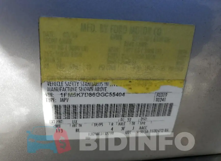 1FM5K7D86GGC55404 Photo# 13