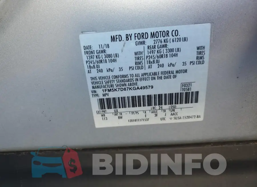1FM5K7D87KGA49579 Photo# 13