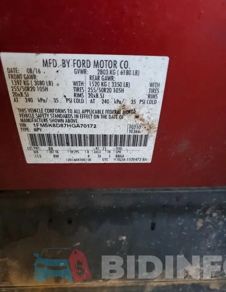 1FM5K8D87HGA70172 Photo# 12