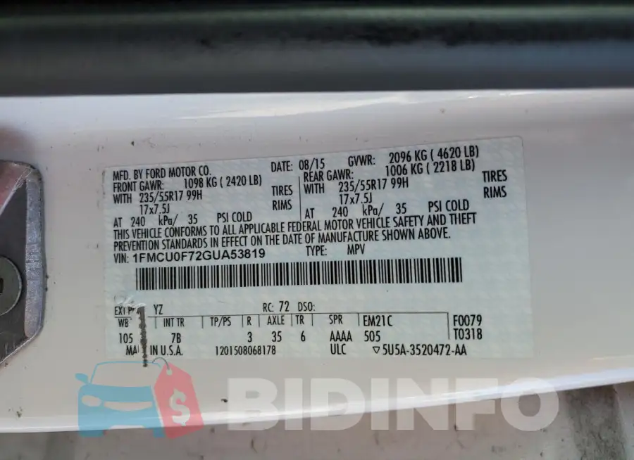 1FMCU0F72GUA53819 Photo# 14
