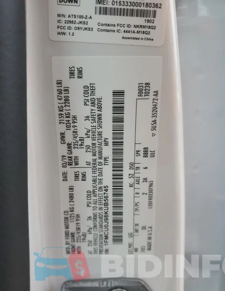 1FMCU0J98KUB56745 Photo# 13