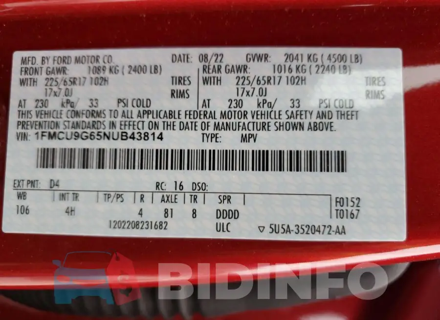 1FMCU9G65NUB43814 Photo# 14