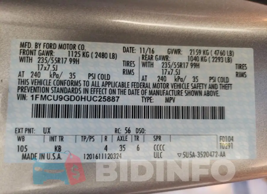 1FMCU9GD0HUC25887 Photo# 13