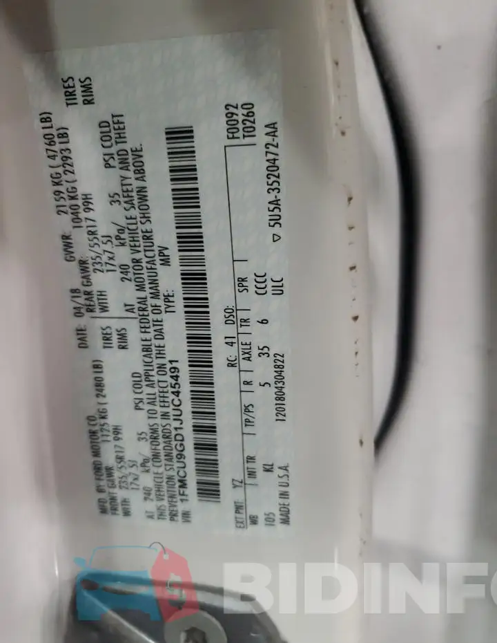 1FMCU9GD1JUC45491 Photo# 13