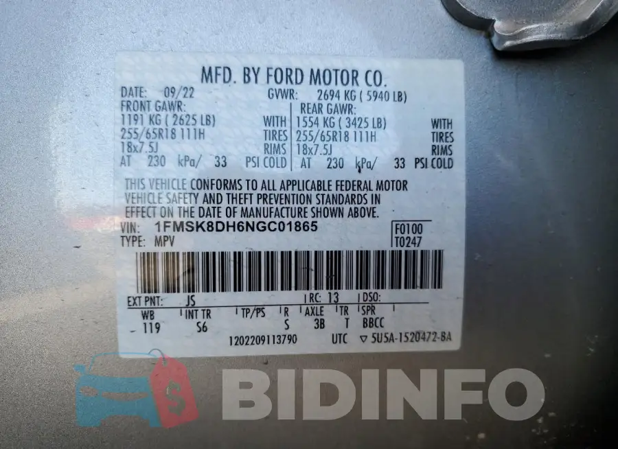 1FMSK8DH6NGC01865 Photo# 13