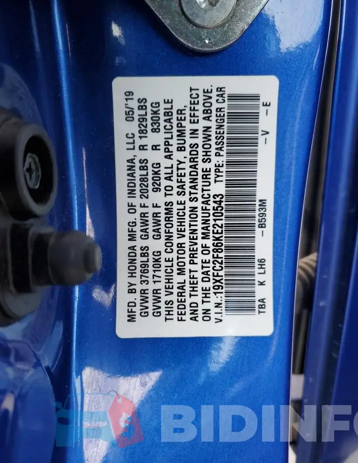 19XFC2F86KE210543 Photo# 12