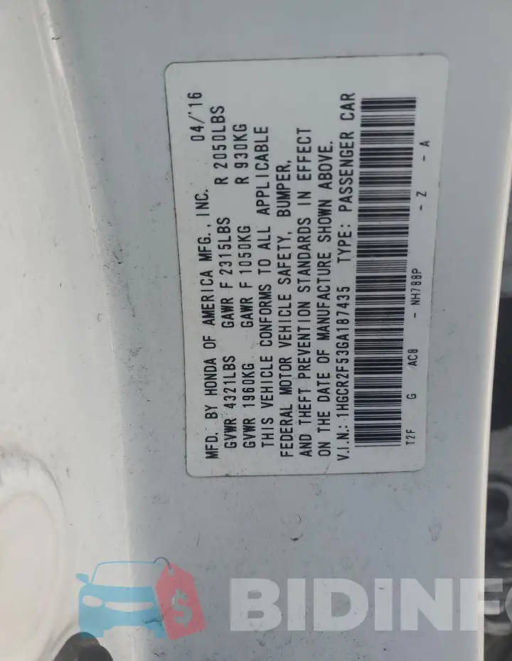 1HGCR2F53GA187435 Photo# 12