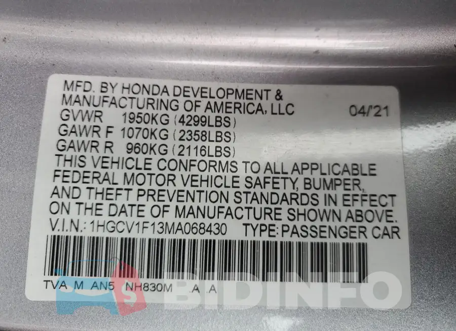 1HGCV1F13MA068430 Photo# 12