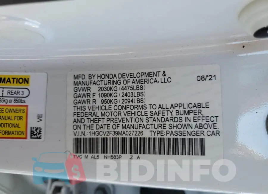 1HGCV2F39MA027226 Photo# 12