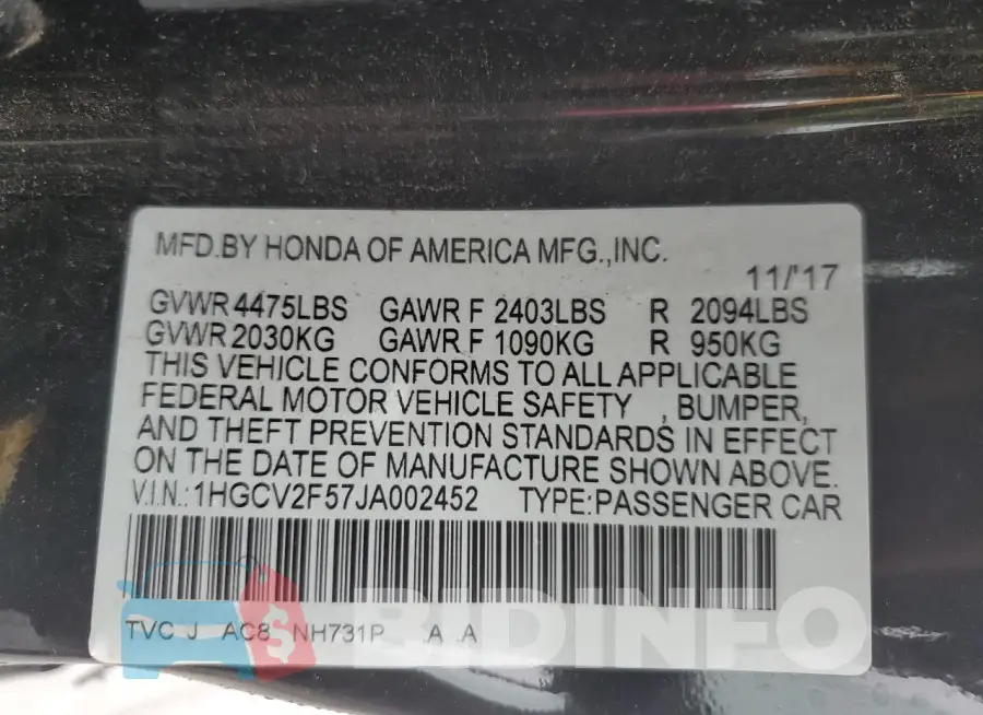 1HGCV2F57JA002452 Photo# 12