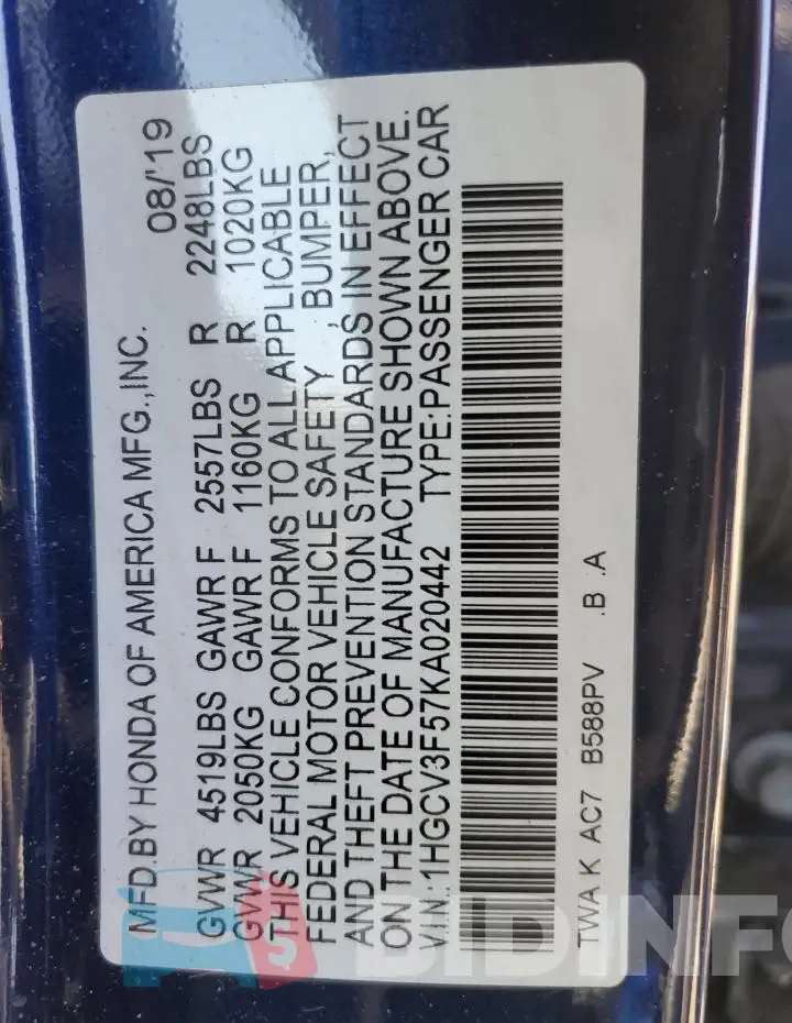 1HGCV3F57KA020442 Photo# 12